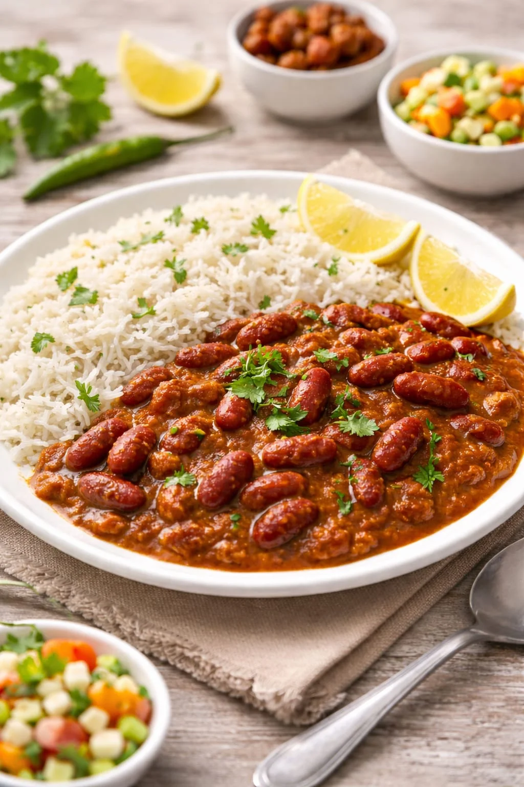 Rajma Chawal — Rajma with basmati rice, kala chana, and matar-corn chaat