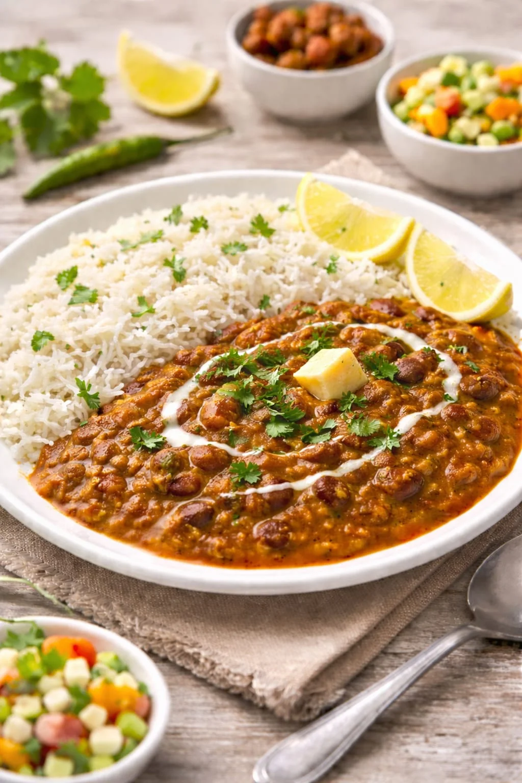 Dal Makhani Chawal — Dal Makhani with basmati rice, kala chana, and matar-corn chaat