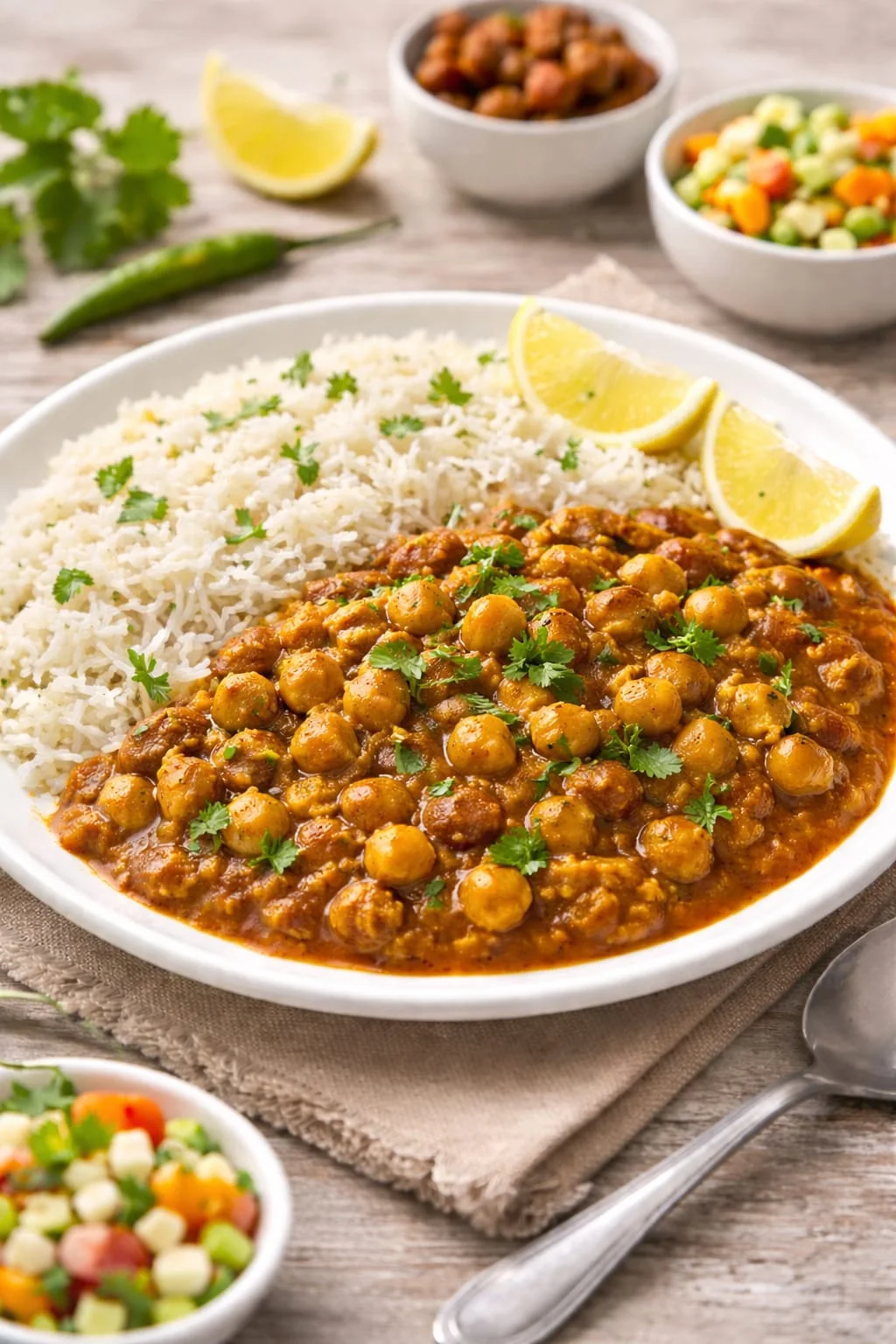Chole Chawal — Chole with basmati rice, kala chana, and matar-corn chaat