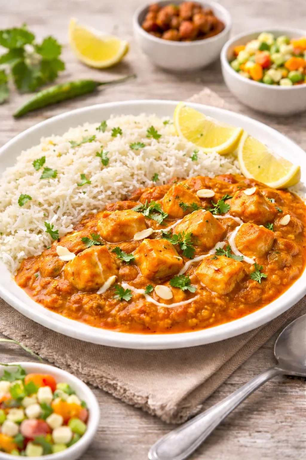 Paneer Makhani Chawal — Paneer Makhani with basmati rice, kala chana, and matar-corn chaat