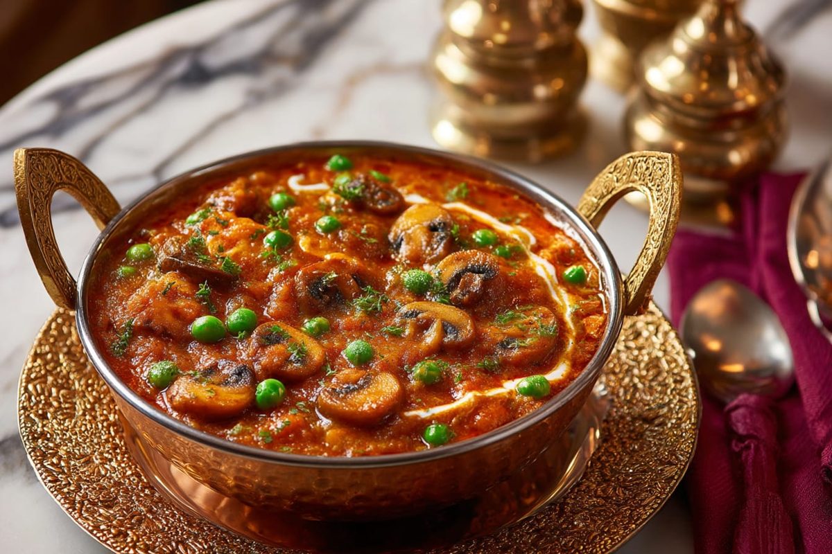 Rich tomato curry with peas and mushrooms in a serving bowl