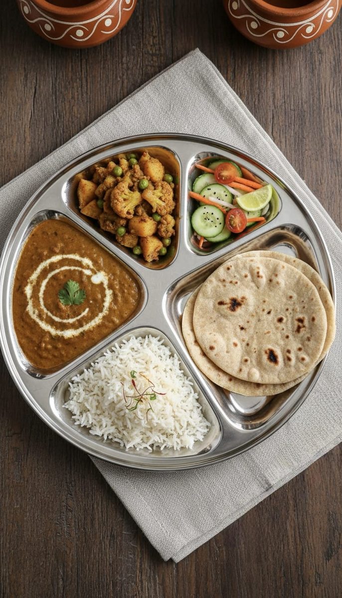 A fresh Prashadam thali with dal, sabzi, rice, salad and rotis